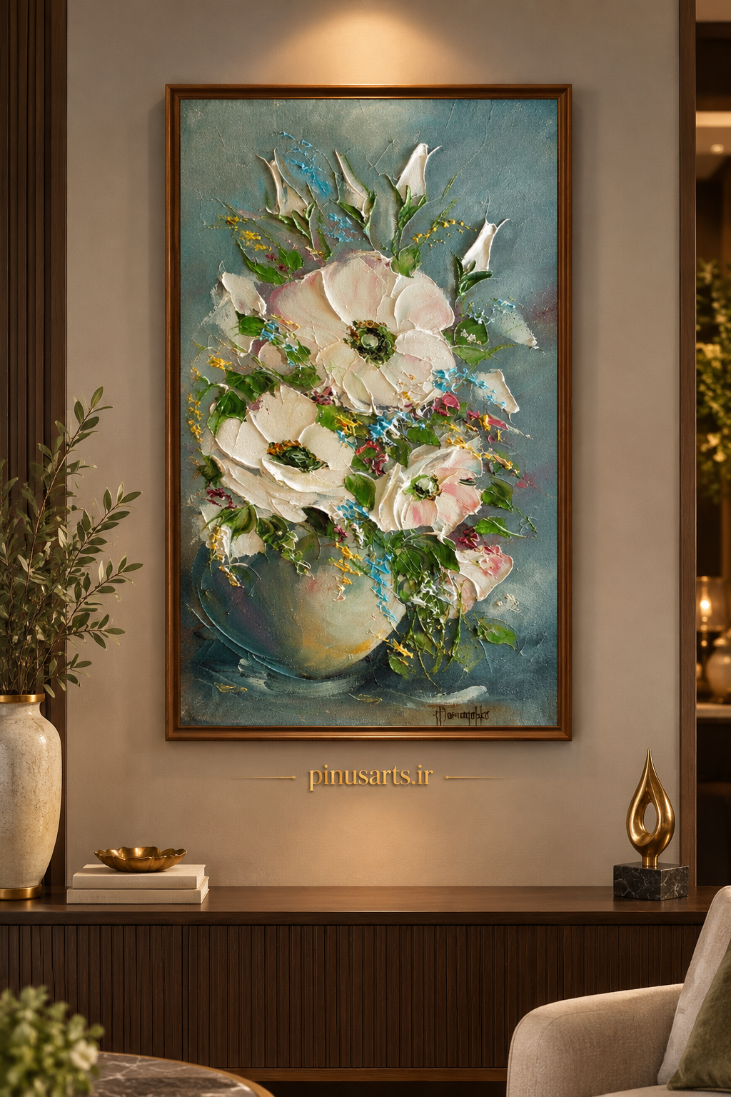 تابلو نقاشی برجسته گلدان و گل 80 در 120 کد 1052